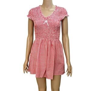 Gingham Romper Small Bow Wide Leg Pinup Coquette Lolita Ruffle Smocked Red White